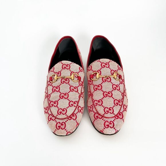 Gucci Jordaan Horsebit Loafer Red GG Canvas Flat Supreme Buckle 37, 7 - Picture 3 of 13